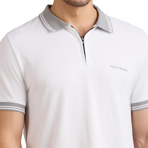 Skechers men's contrast zipper polo shirt with short sleeves, featuring a collar and front zipper detail in a casual style.