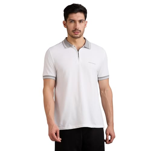 Skechers men's contrast zipper polo shirt in black with white accents, short sleeves, and a classic collar.