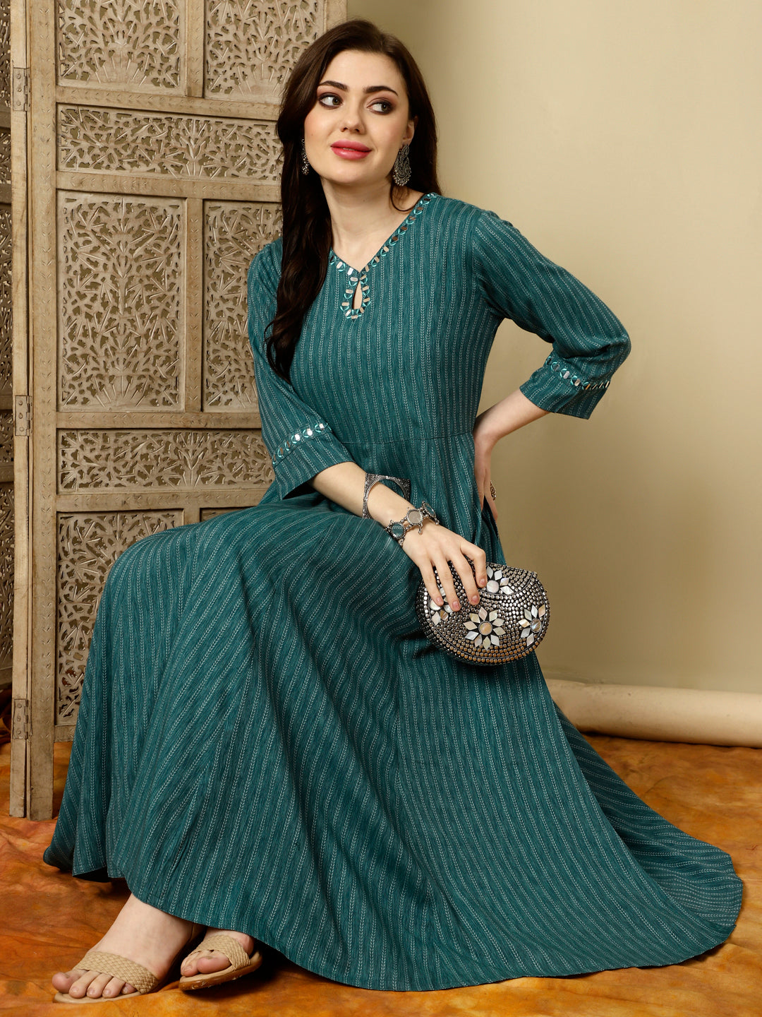 Teal Mirror Work A-Line Kurta With Palazzo