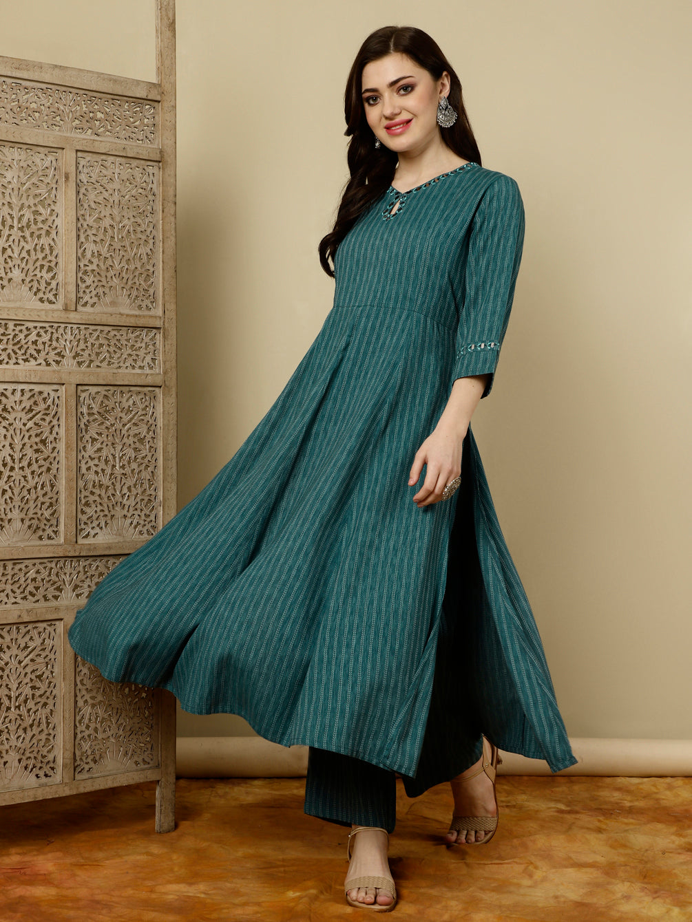 Teal Mirror Work A-Line Kurta With Palazzo
