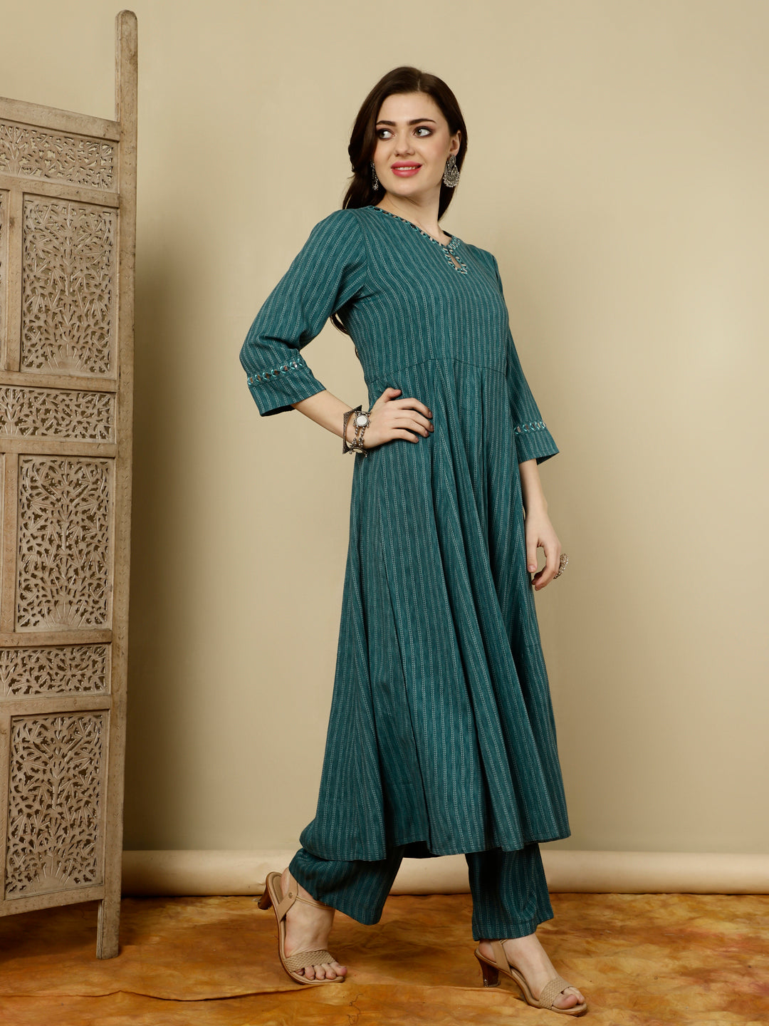 Teal Mirror Work A-Line Kurta With Palazzo