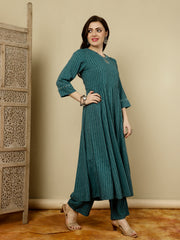Teal Mirror Work A-Line Kurta With Palazzo