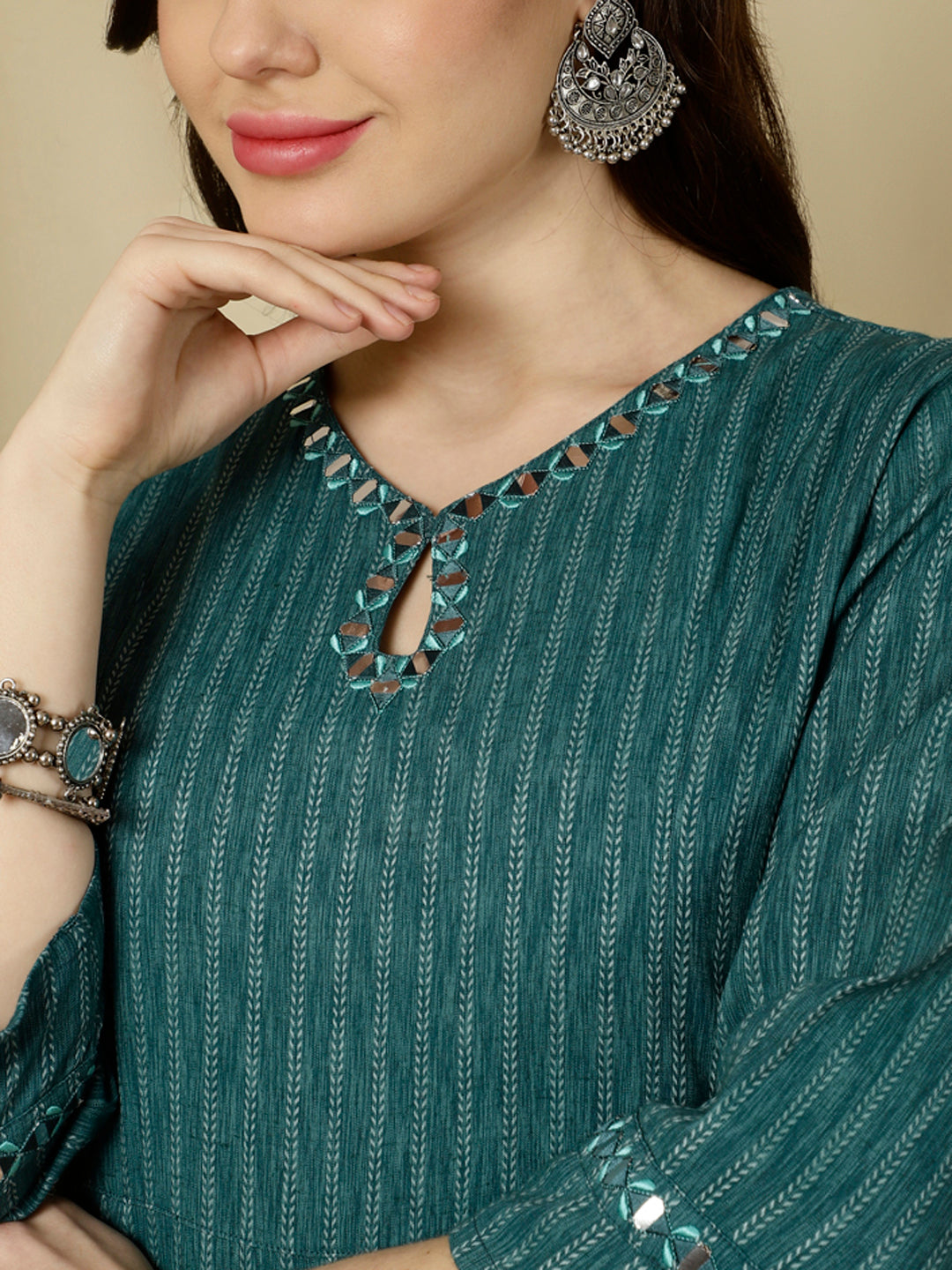 Teal Mirror Work A-Line Kurta With Palazzo