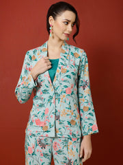 Blue Tropical Printed Jacket And Palazzo With Solid Crop Top