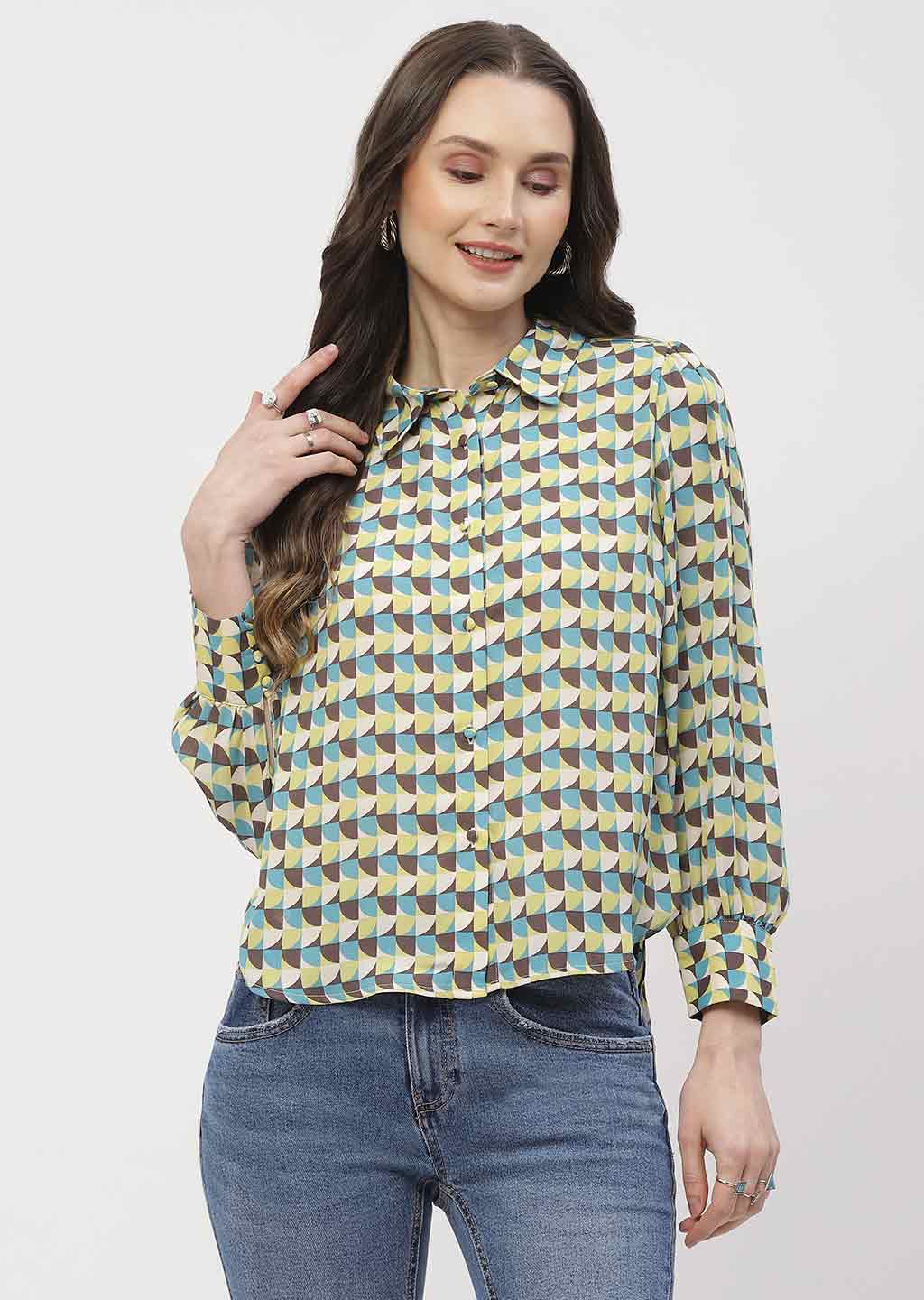 Madame Geometric Print Apple Green Regular Shirt