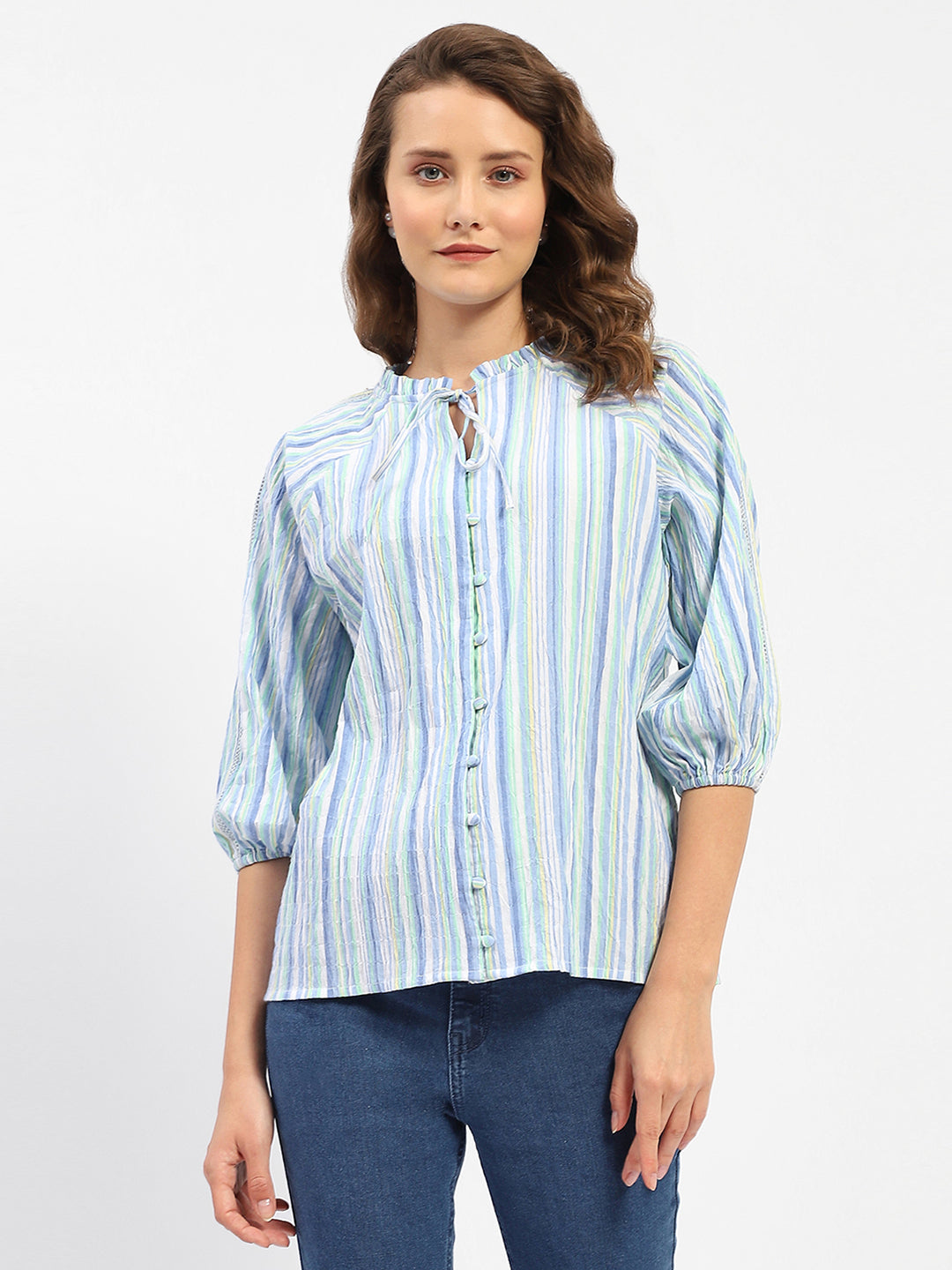 Madame Striped Sky Blue Raglan Sleeve Shirt
