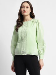 Madame Schiffli Adorned Puff Sleeve Mint Green Top