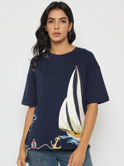 Madame Abstract Print Navy Blue Cotton T-Shirt