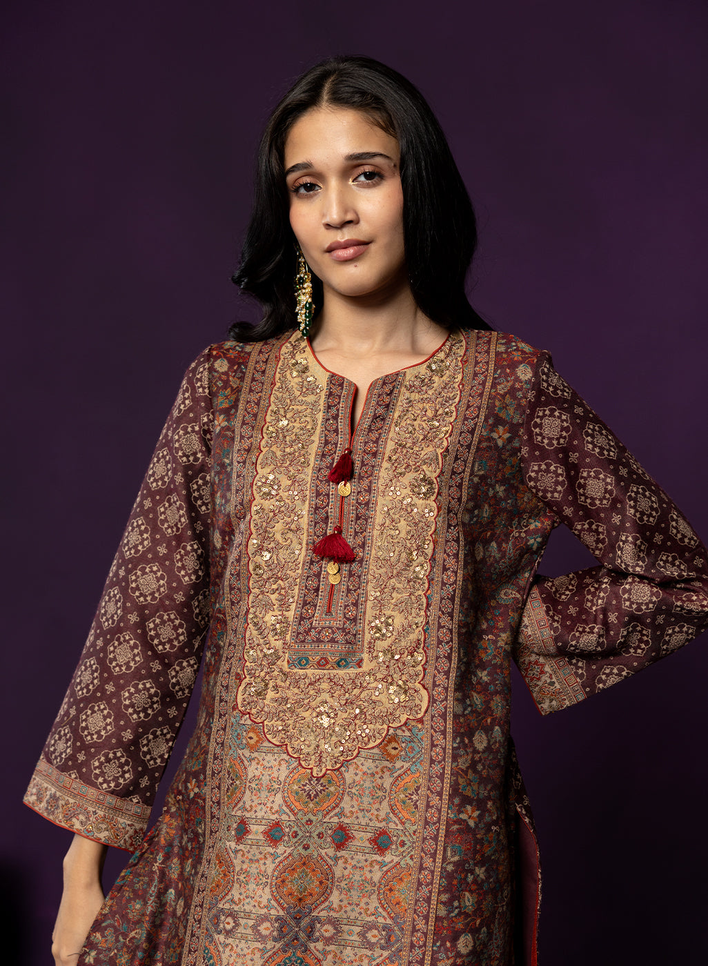 Kasturi Maroon Printed Jamawar Suit Set with Dupatta