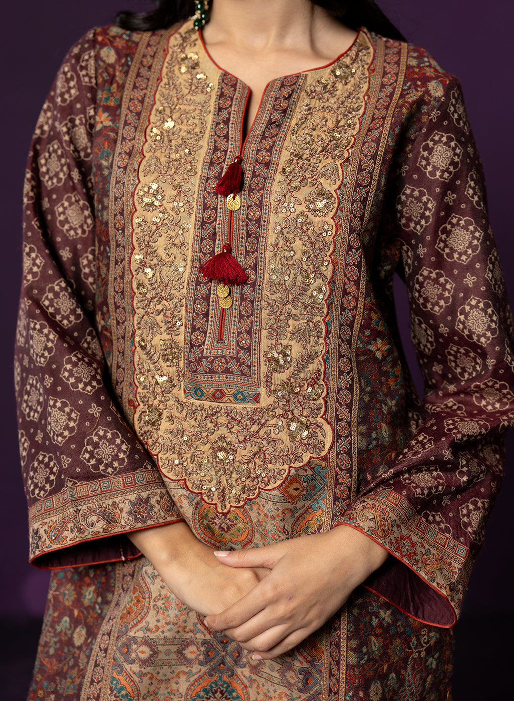 Kasturi Maroon Printed Jamawar Suit Set with Dupatta