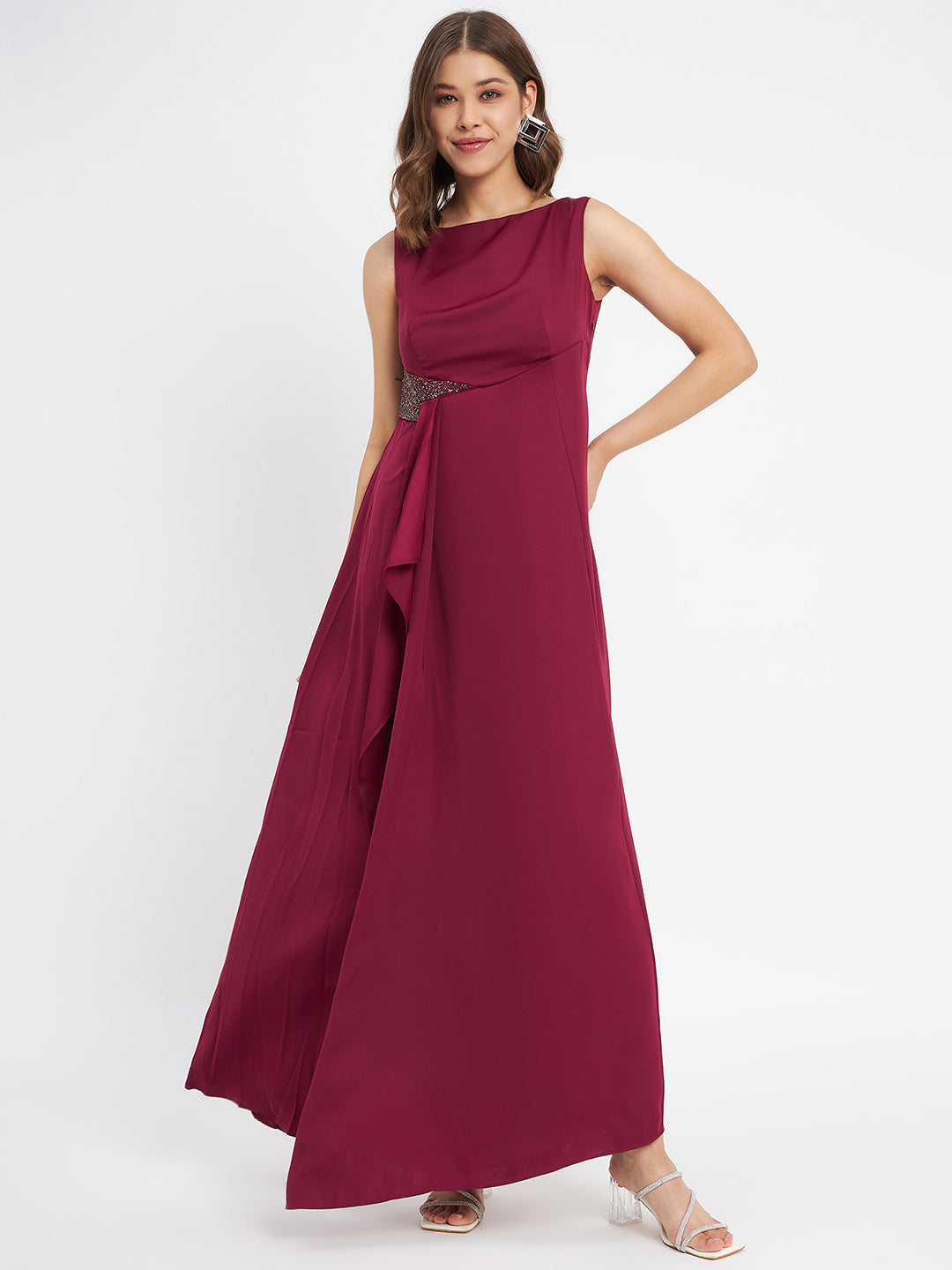 Madame Wine Shimmer Detailing Ruffle Hem Dress