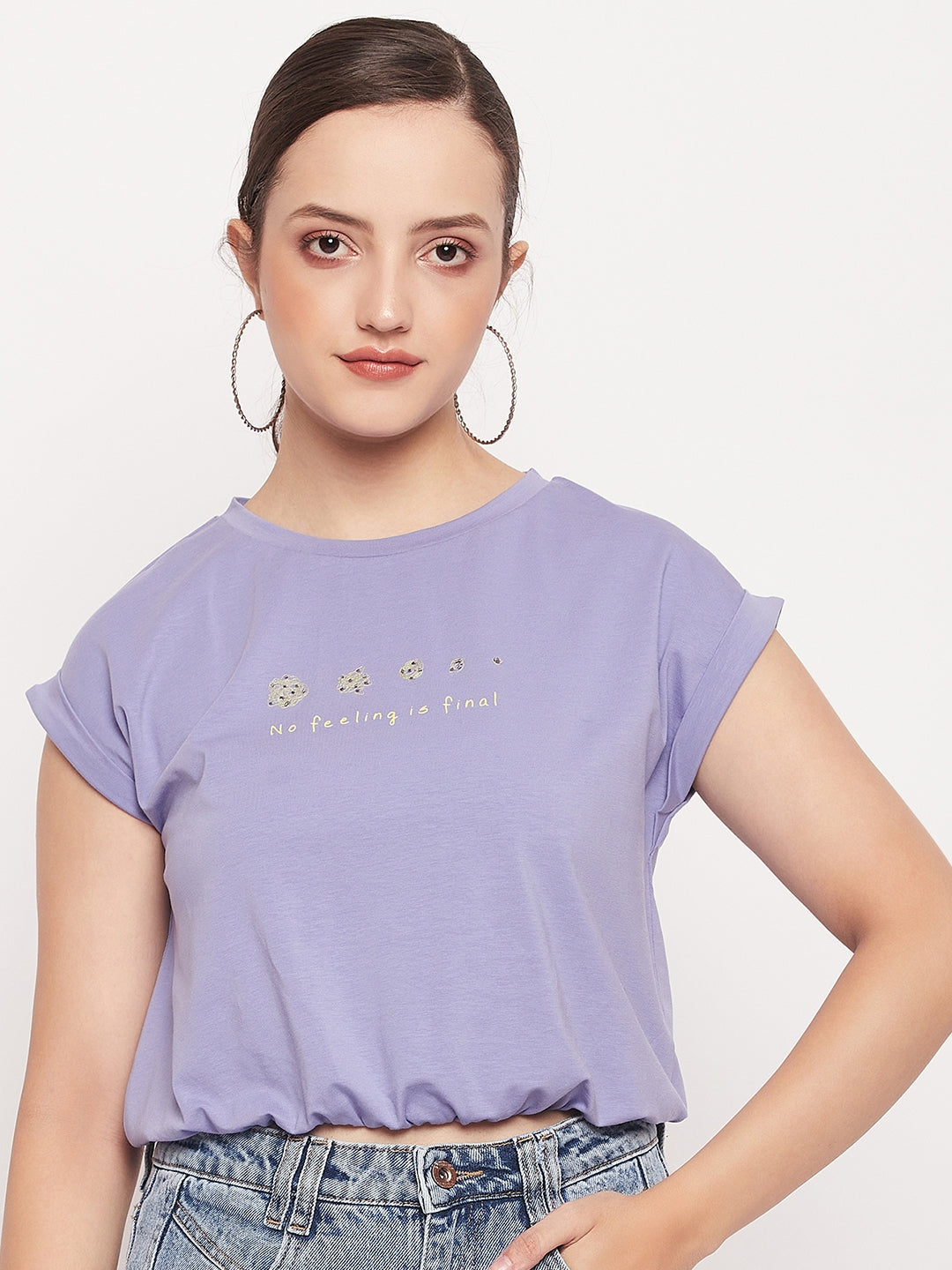 Madame Solid Violet Typography Cuffed Half Sleeves Elasticated Waist Top