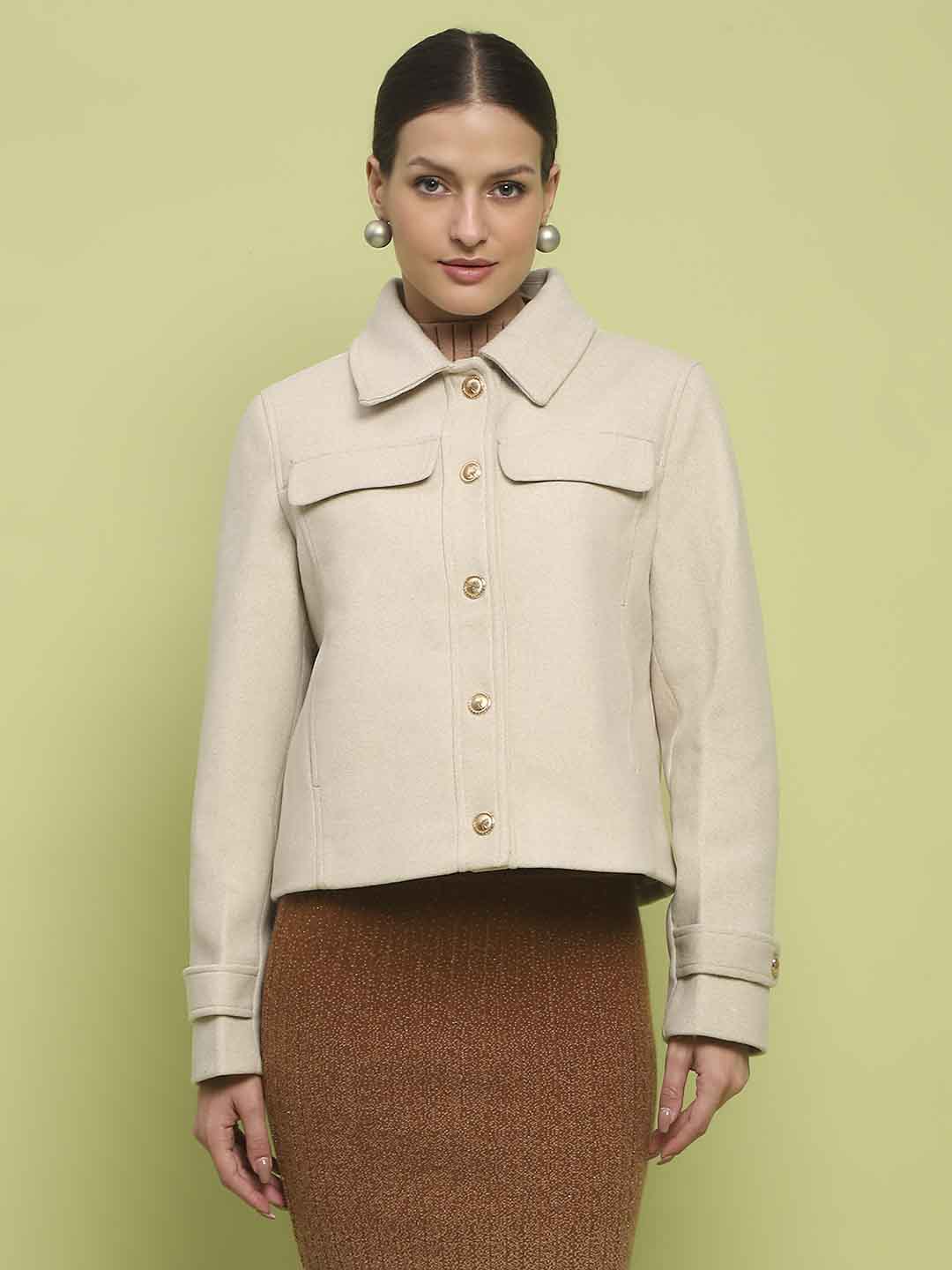 Madame Button Down Collared Off White Short Coat