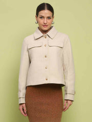 Madame Button Down Collared Off White Short Coat