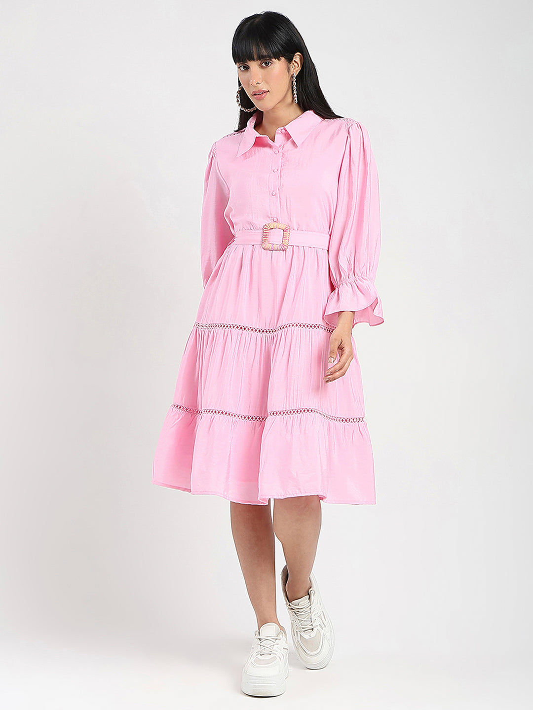 Madame Tiered Pink Rayon Blend Fit And Flare Mini Dress