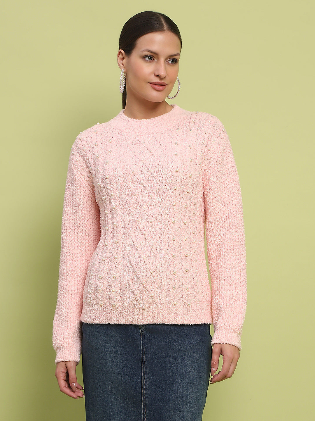 Madame Cable Knit Full Sleeve Peach Sweater