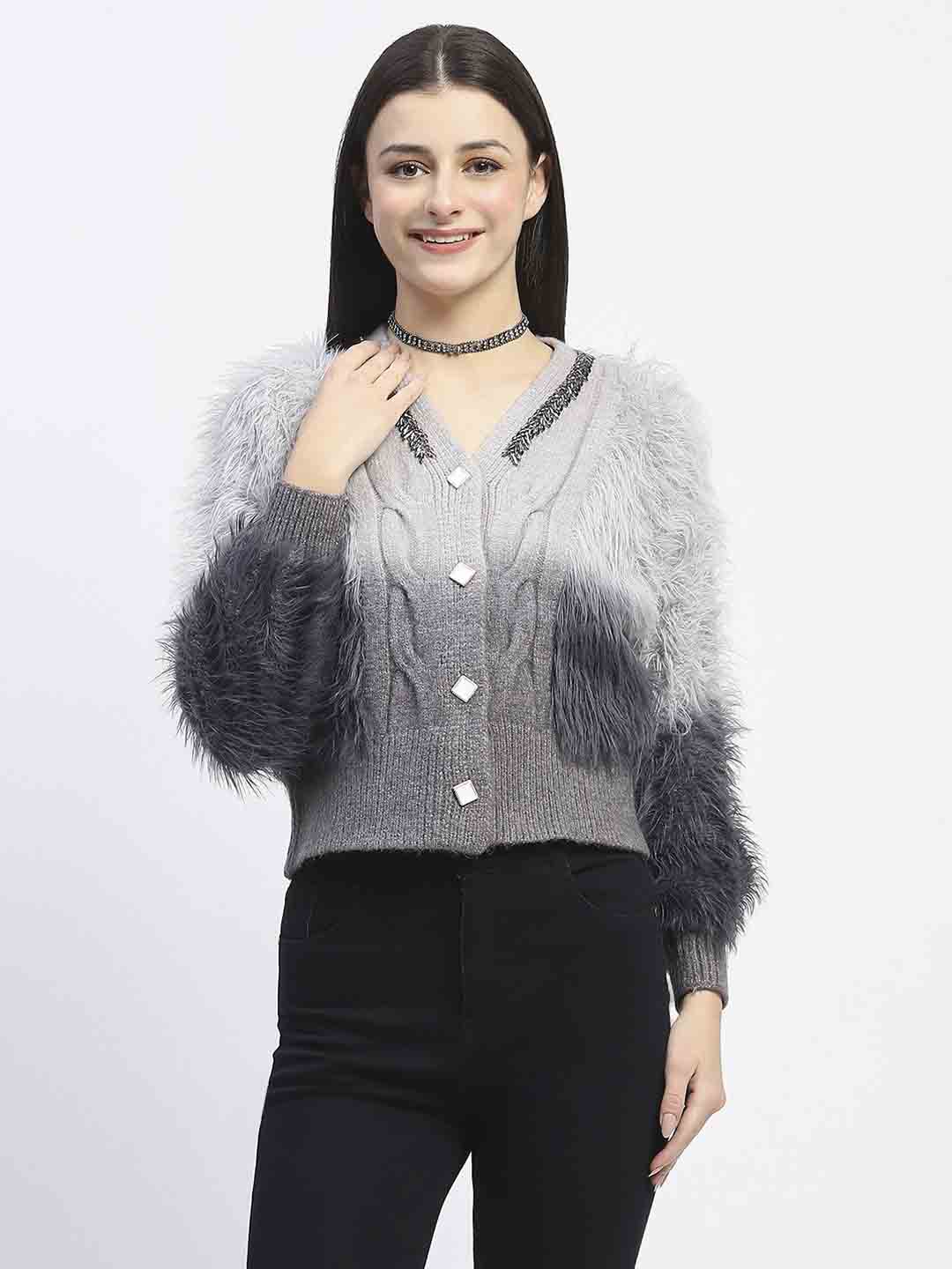 Madame Embellished Ombre V Neck Grey Sweater