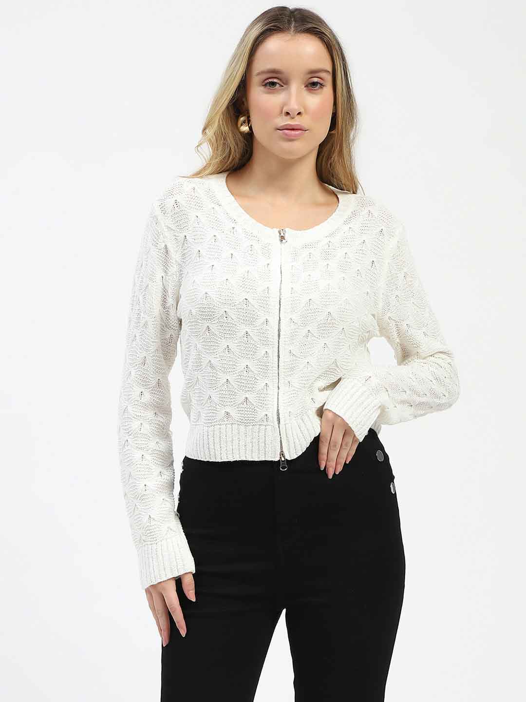 Madame Textured Round Neck Zip Up Off White Knit Top