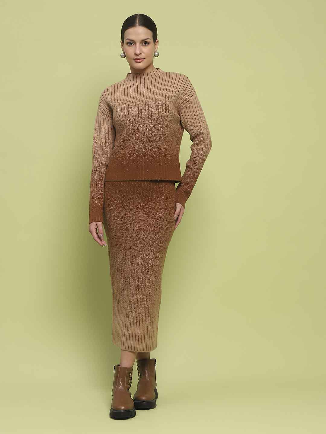 Madame Color Gradient Camel Top And Skirt Ensemble