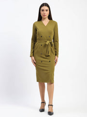Madame Belted Buttoned Green Dress