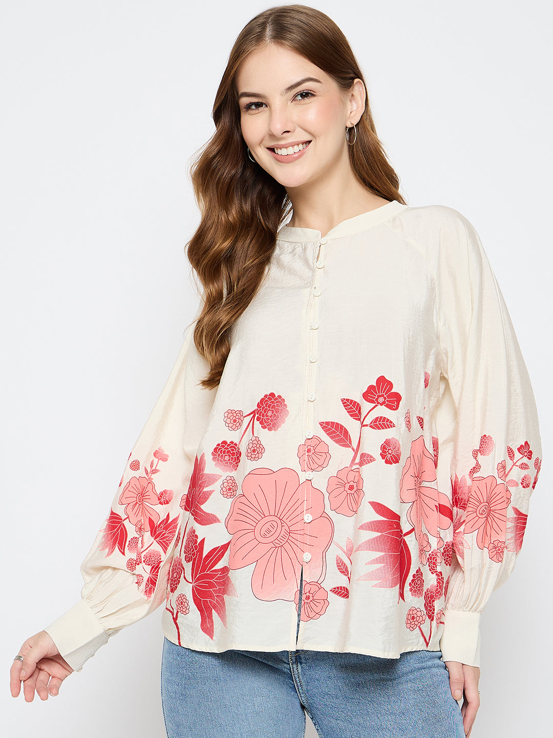 Madame Floral Print Rayon Blend Beige Top