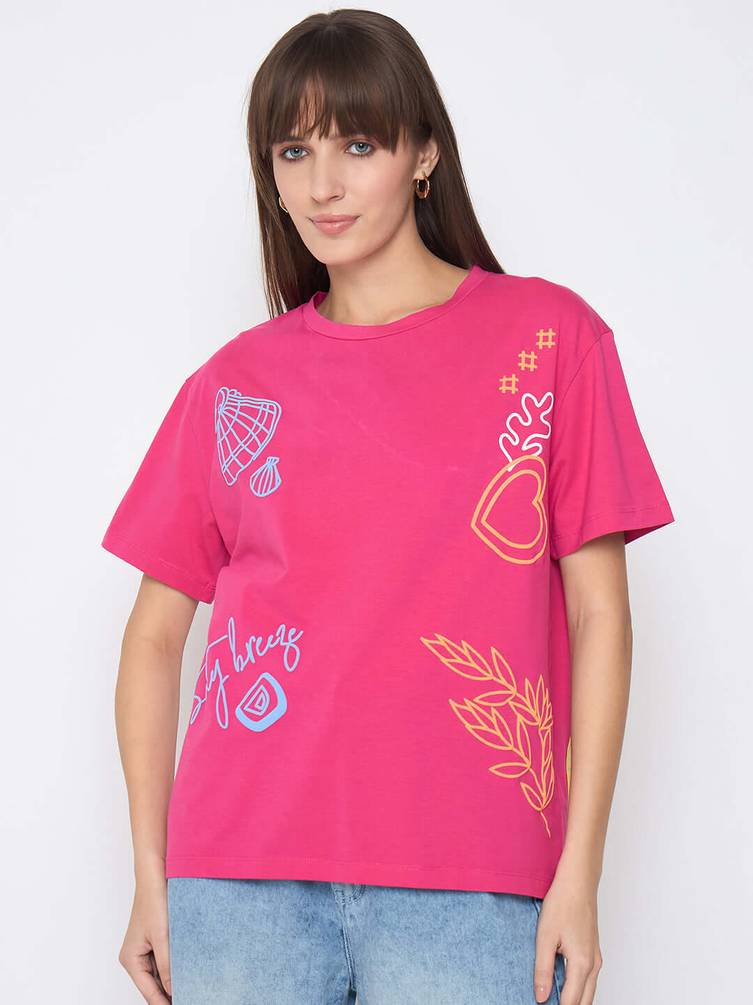 Madame hot pink printed T-shirt for women featuring front and back designs, casual Western style, short sleeves, and comfortable fit.