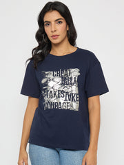Madame Graphic And Typography Print Navy Blue Cotton T-Shirt