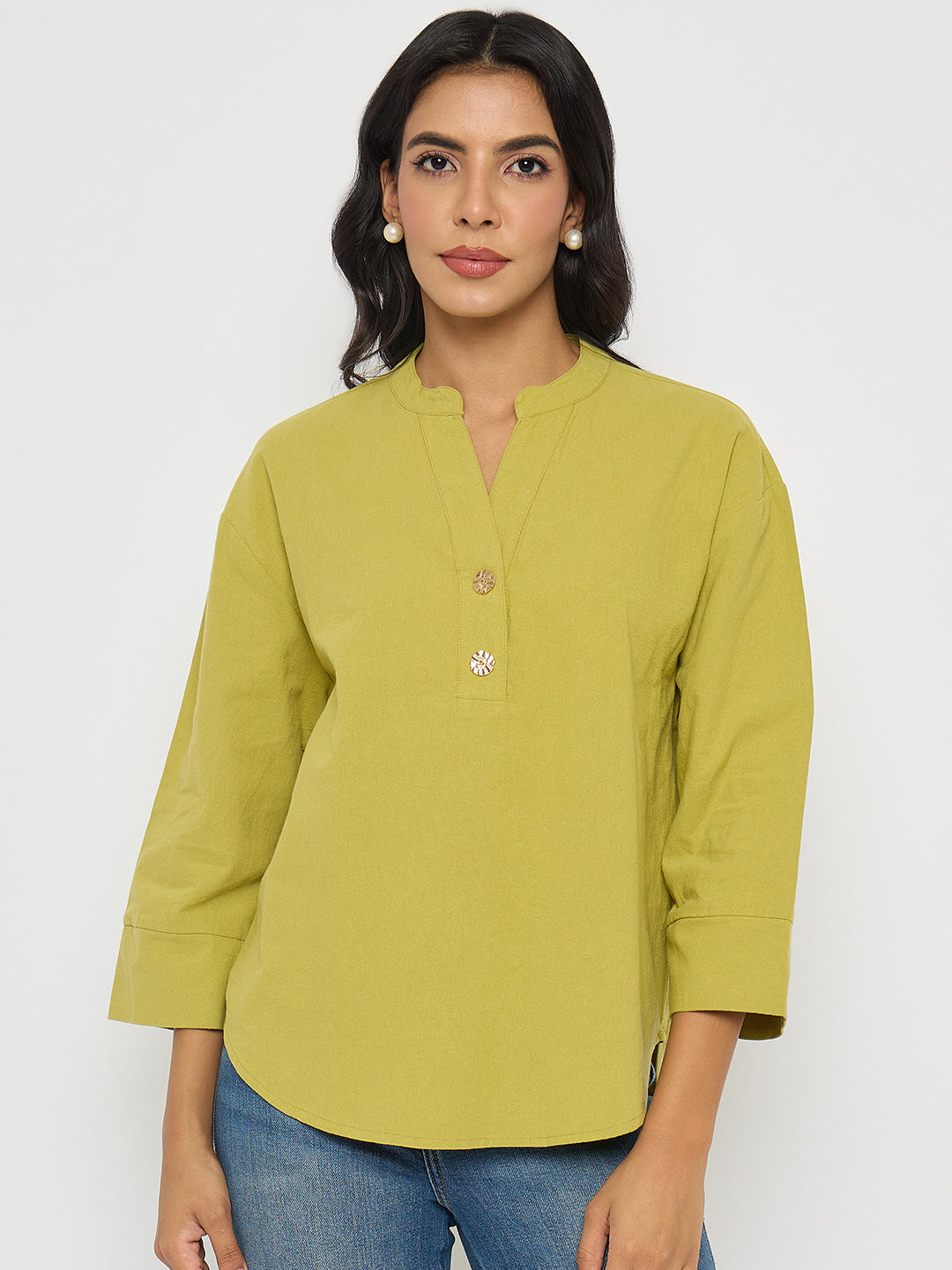 Madame Button Detail Solid Green Cotton Top