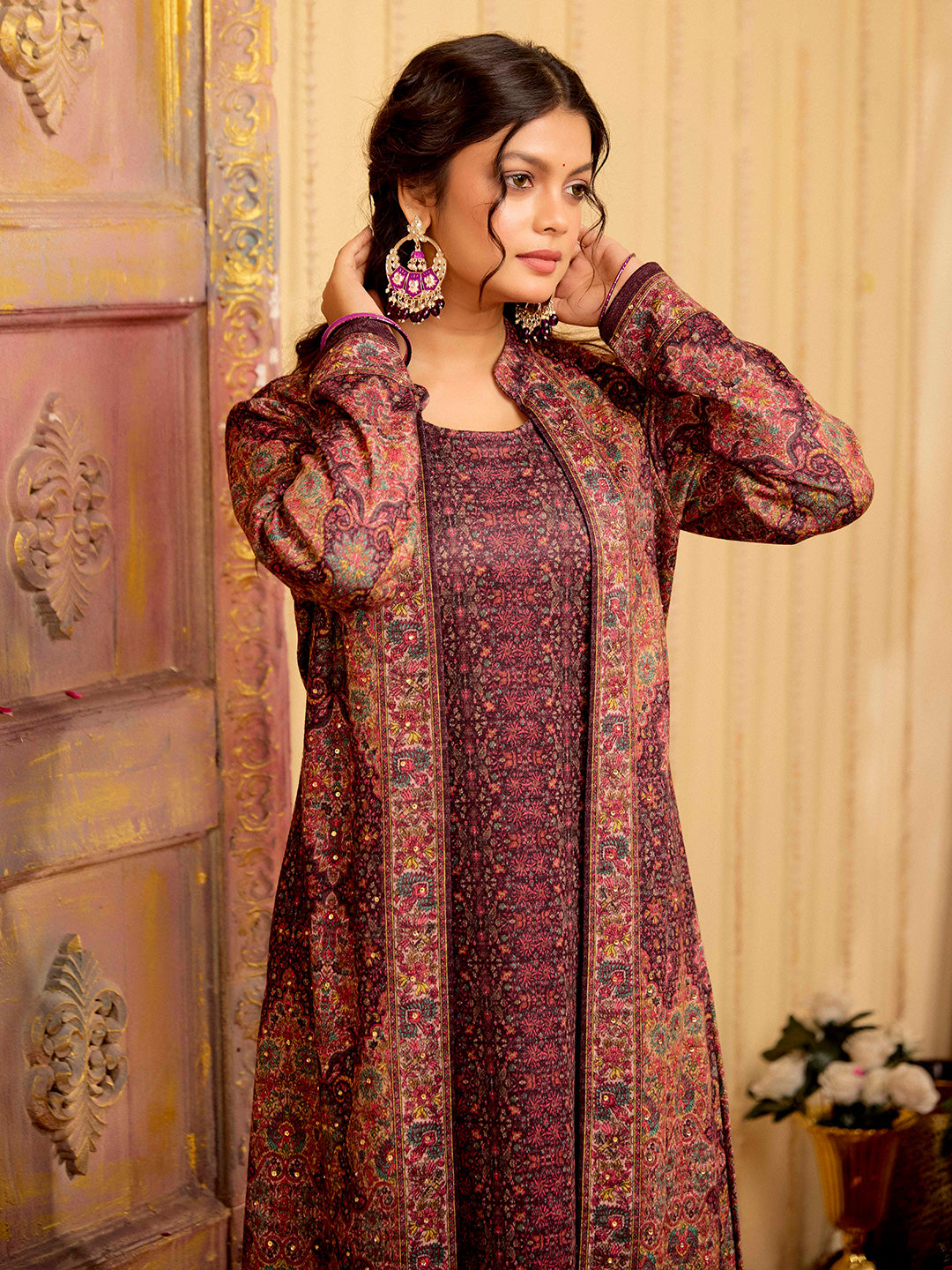 Wine Color Woolen Ethnic Printed Co-Ord Set