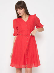 Madame Textured Belted Red Mini A Line Dress