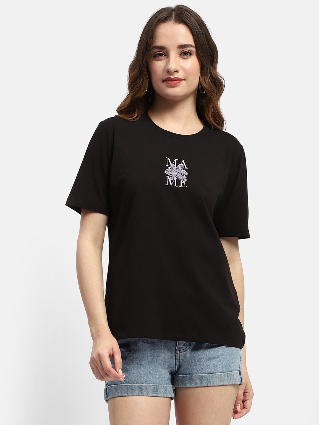 Madame Embroidered Black Regular T-Shirt