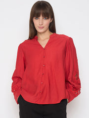 Madame Nylon Buttoned And Patched Red Top