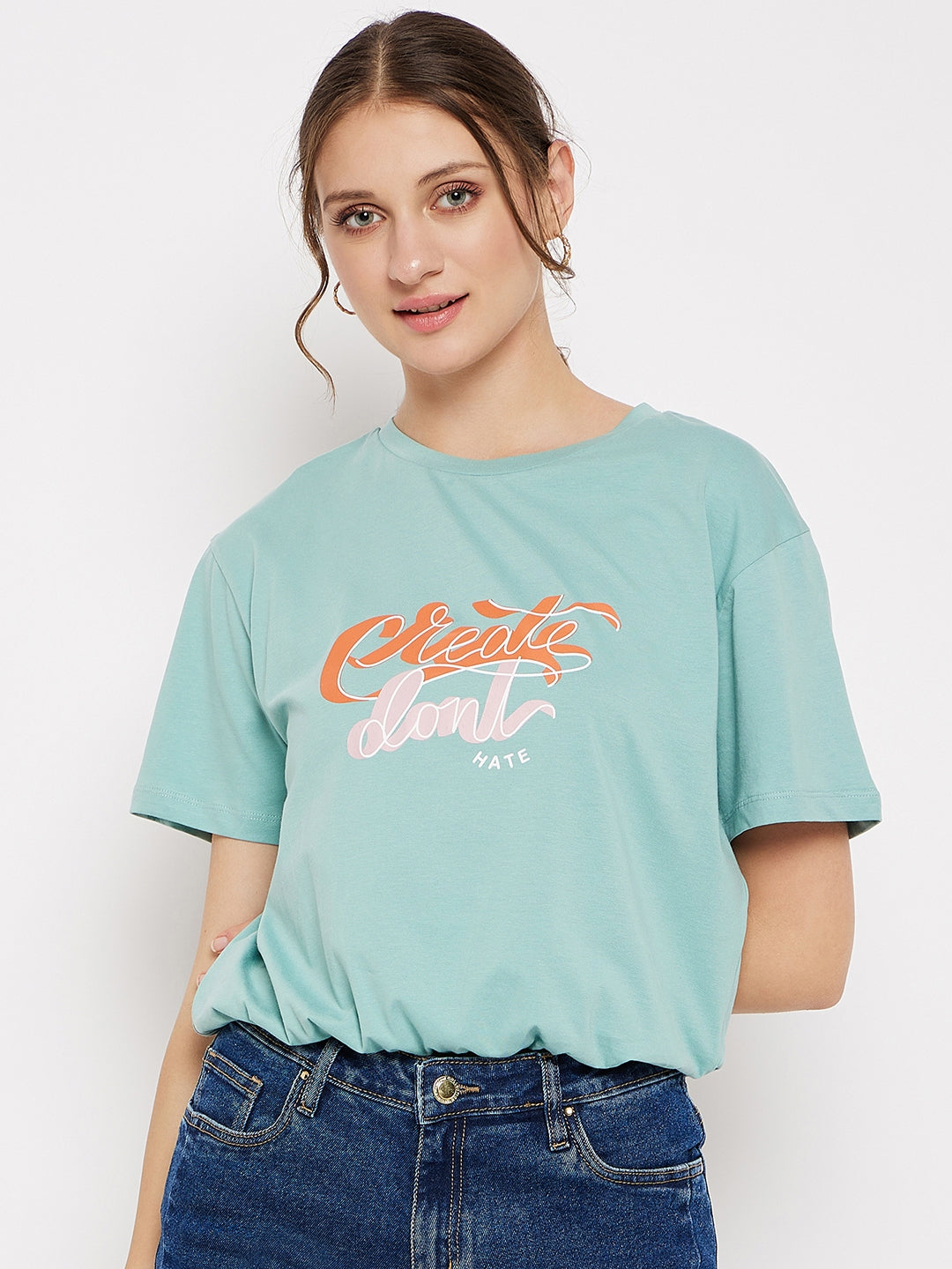 Madame Crew Neck Green Printed T-Shirt