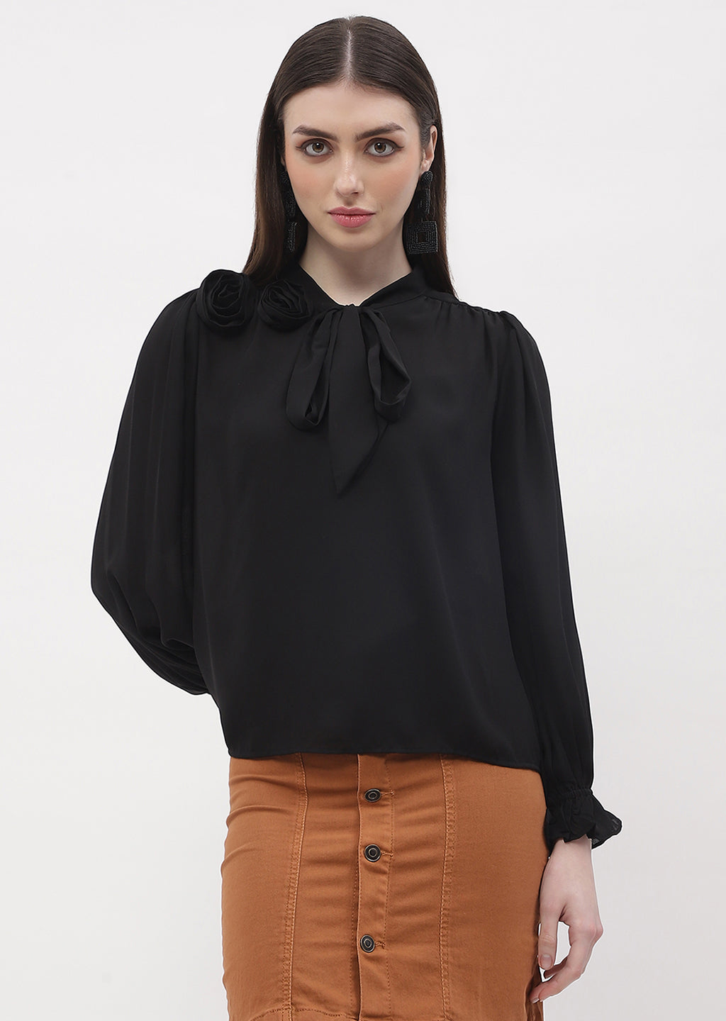 Madame Applique Adorned Black Poet Sleeve Top