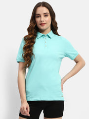 Madame Solid Aqua Blue Polo Neck T-Shirt