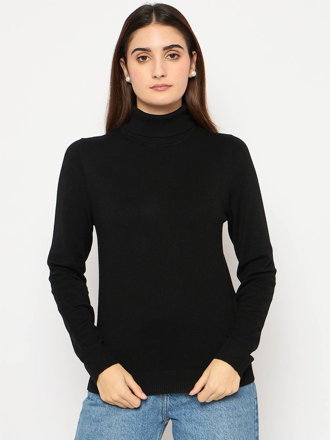 Madame Turtle Neck Ribbed Cuff Black Sweater
