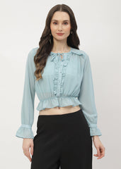 Madame Poet Sleeve Mint Blue Ruffle Top