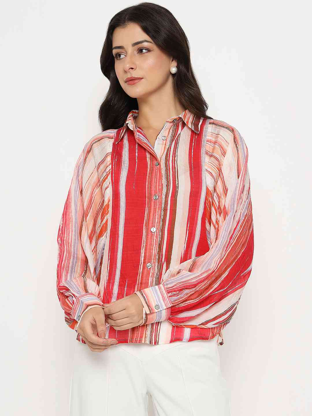 Red Madame ladies Western shirt with long sleeves and Western-style yoke, casual fit, front button closure.
