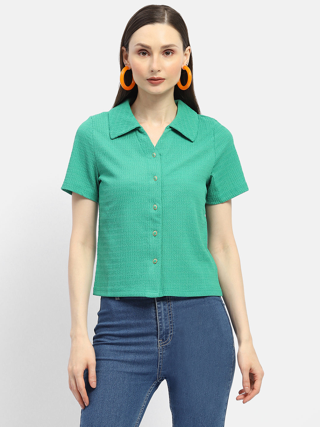 Madame Textured Green Half Sleeve Shirt