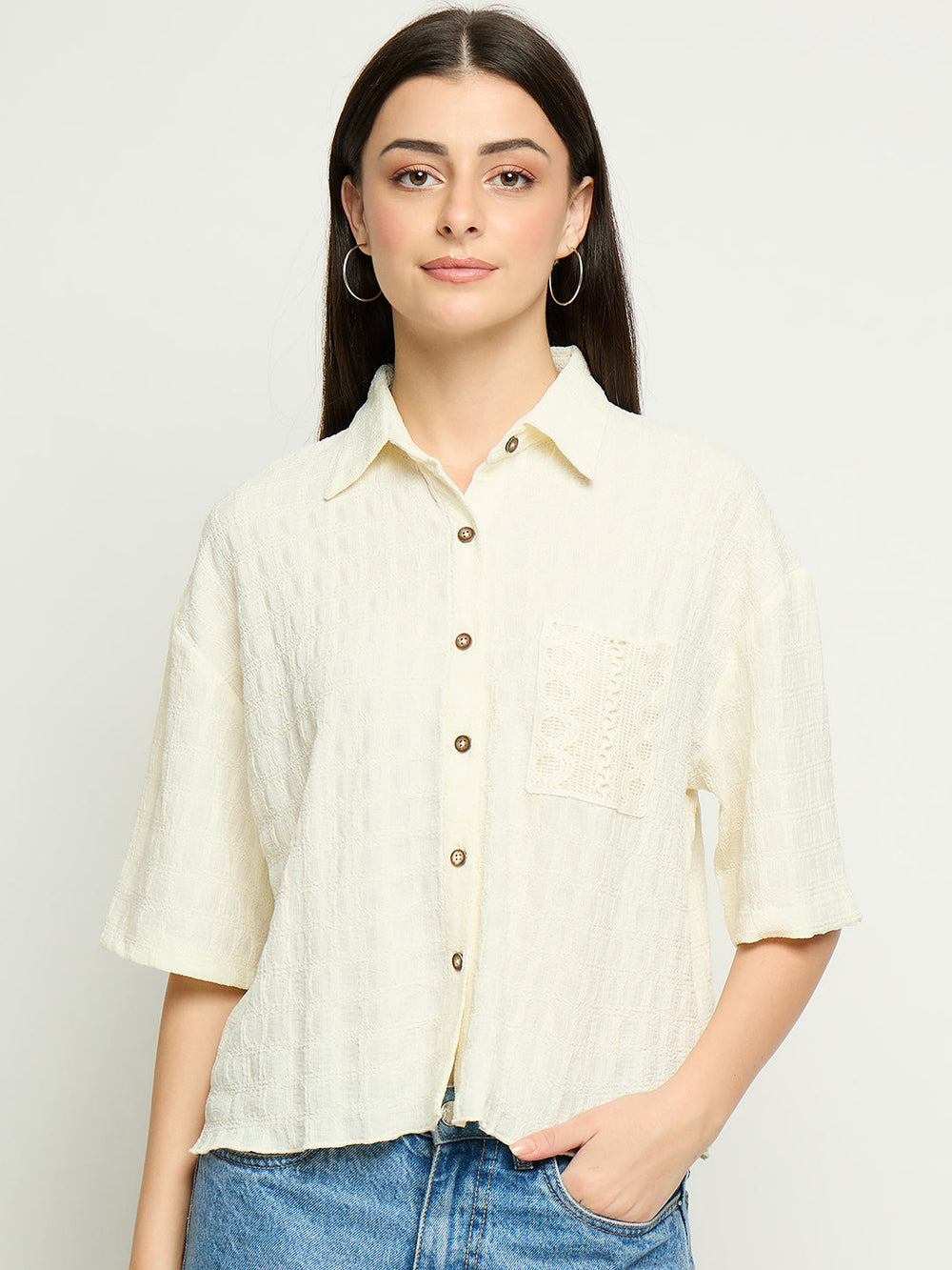 Off-white Madame ladies Western shirt, long-sleeve upper with Western styling, casual fit, detailed stitching and button closure.