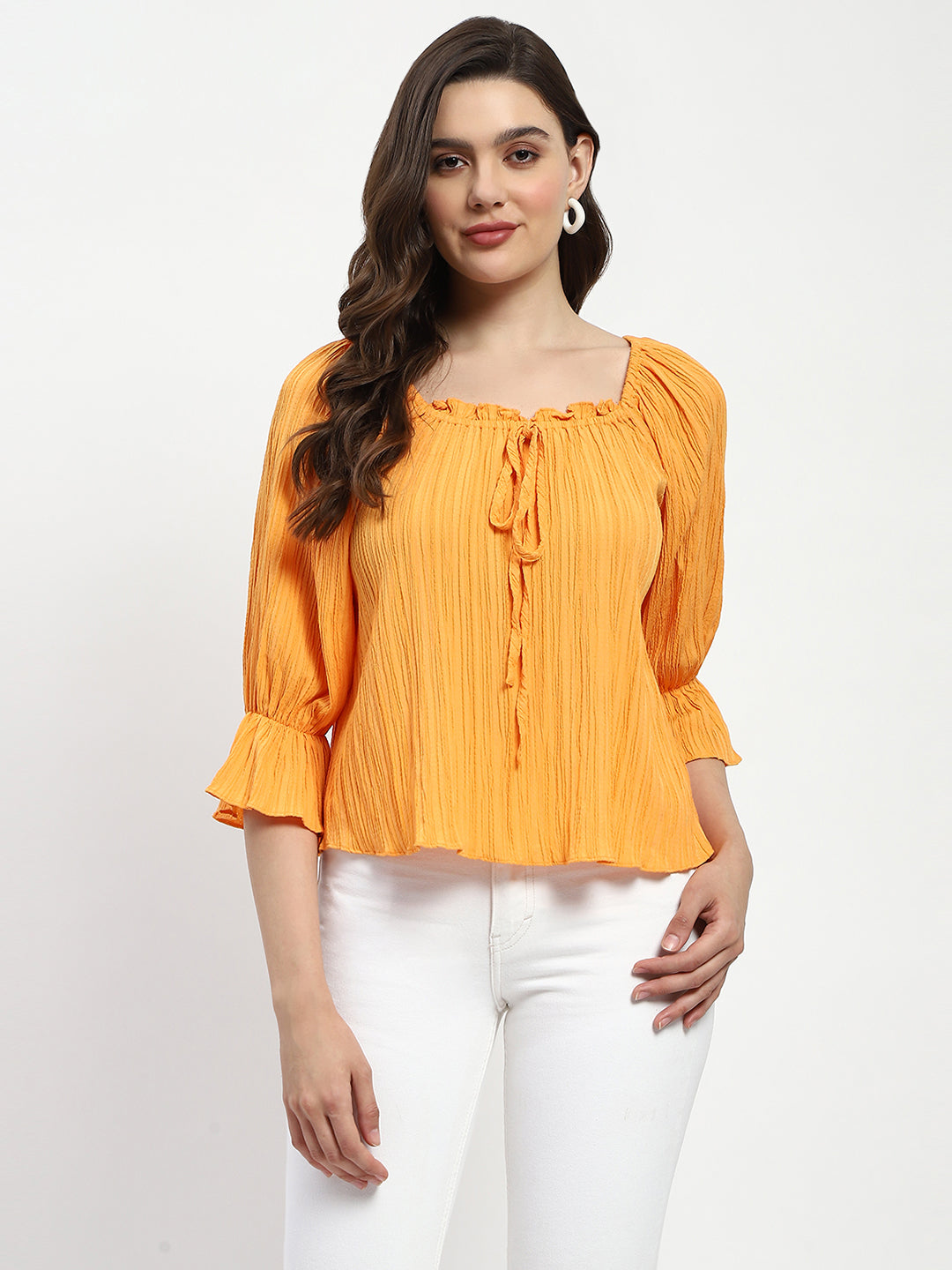 Madame Textured Cotton Blend Smocked Orange Top