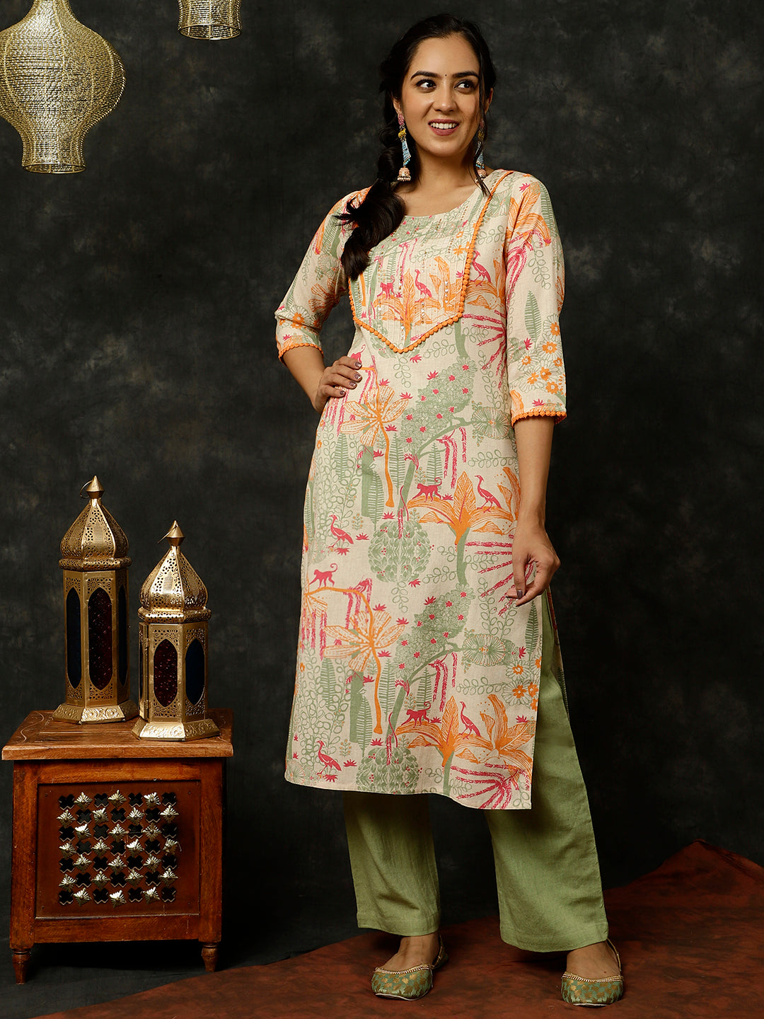Green Kantha Work Printed Straight Kurta With Palazzo