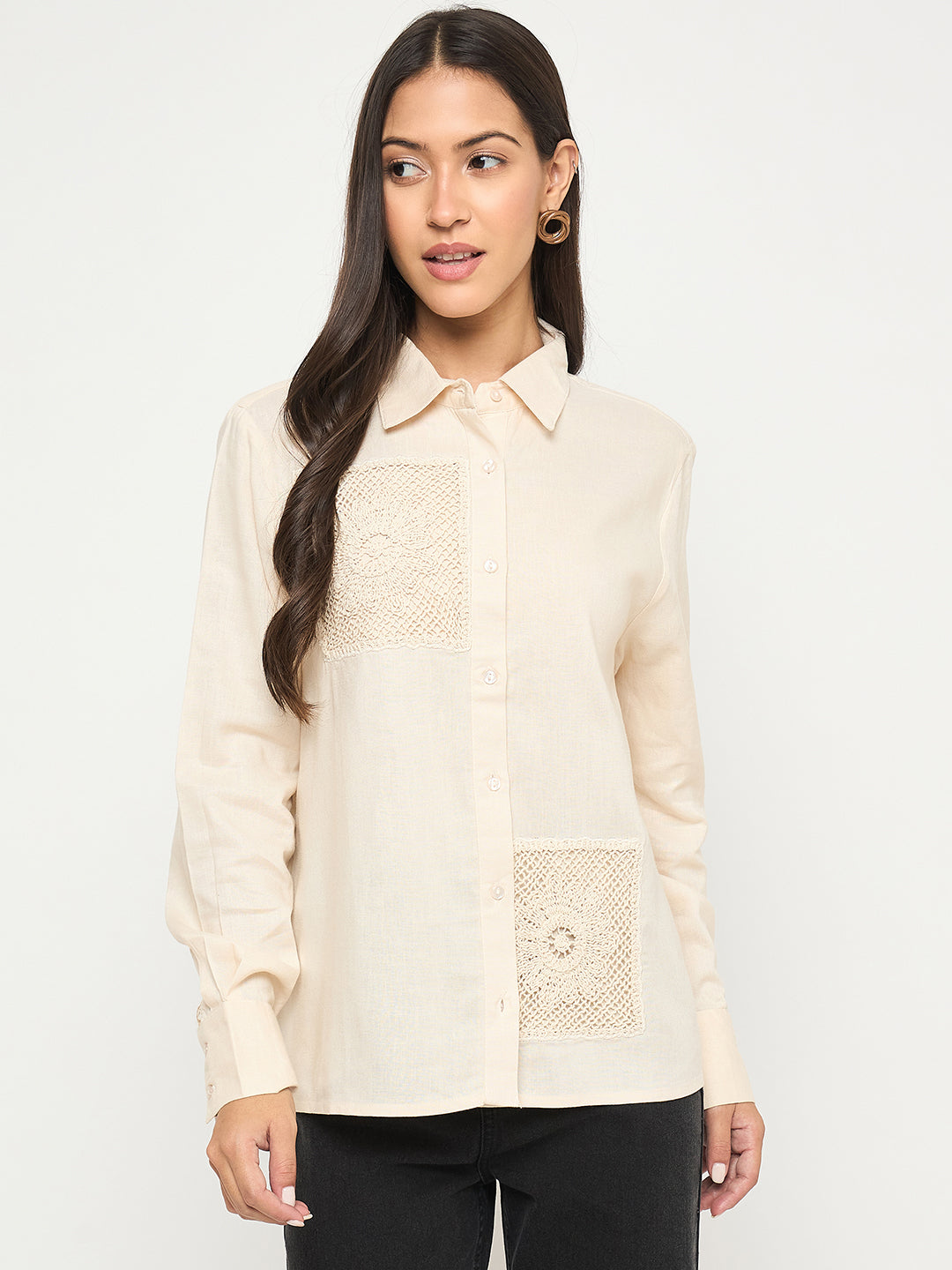 Madame Patchwork And Lace Detailed Beige Cotton Shirt