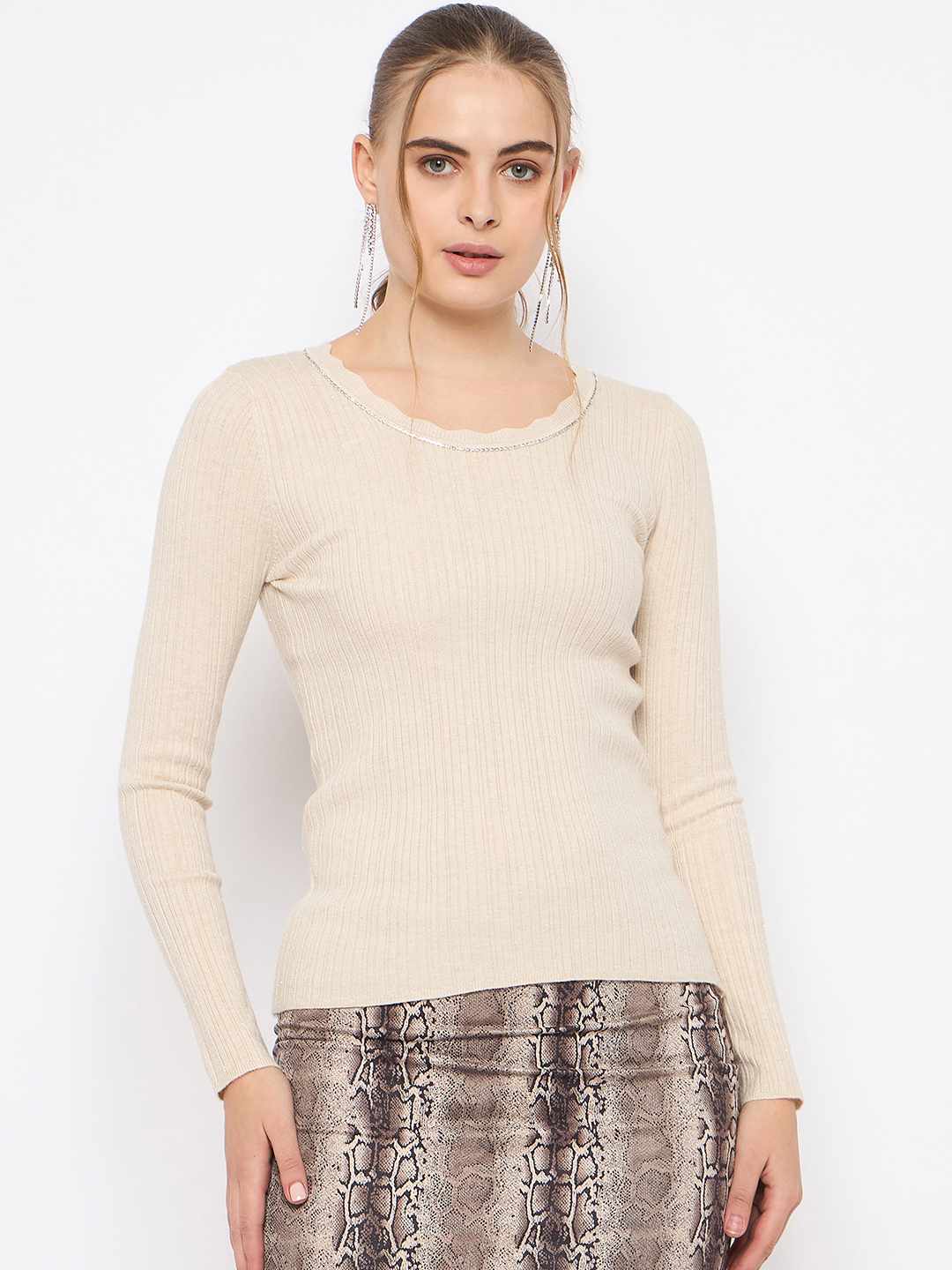 Madame Scalloped Neck Solid Beige Sweater