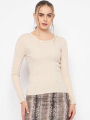 Madame Scalloped Neck Solid Beige Sweater
