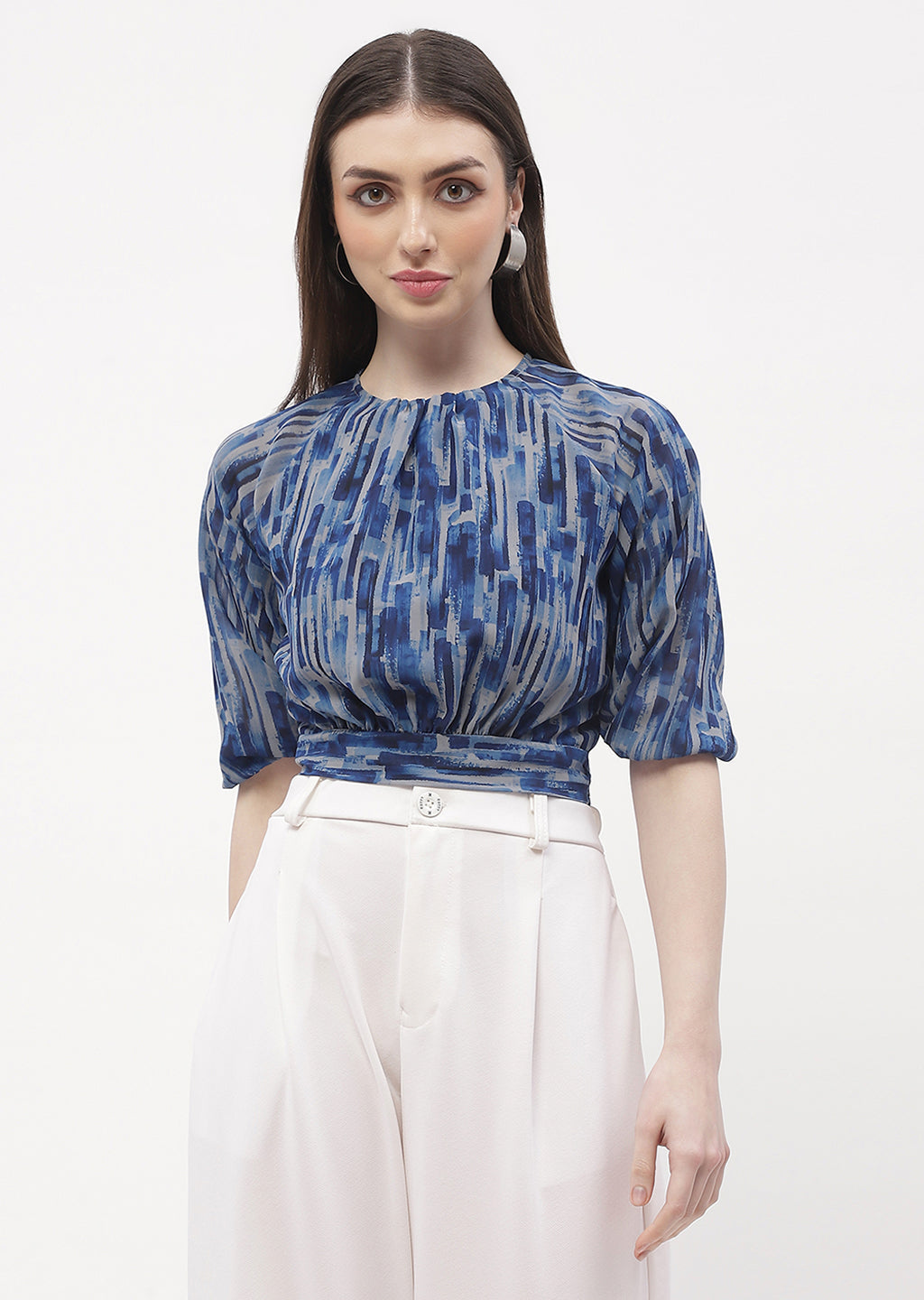 Madame Raglan Sleeve Blue Abstract Print Crop Top