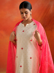 White Chanderi Jacquard Festive Kurta Set With Dupatta