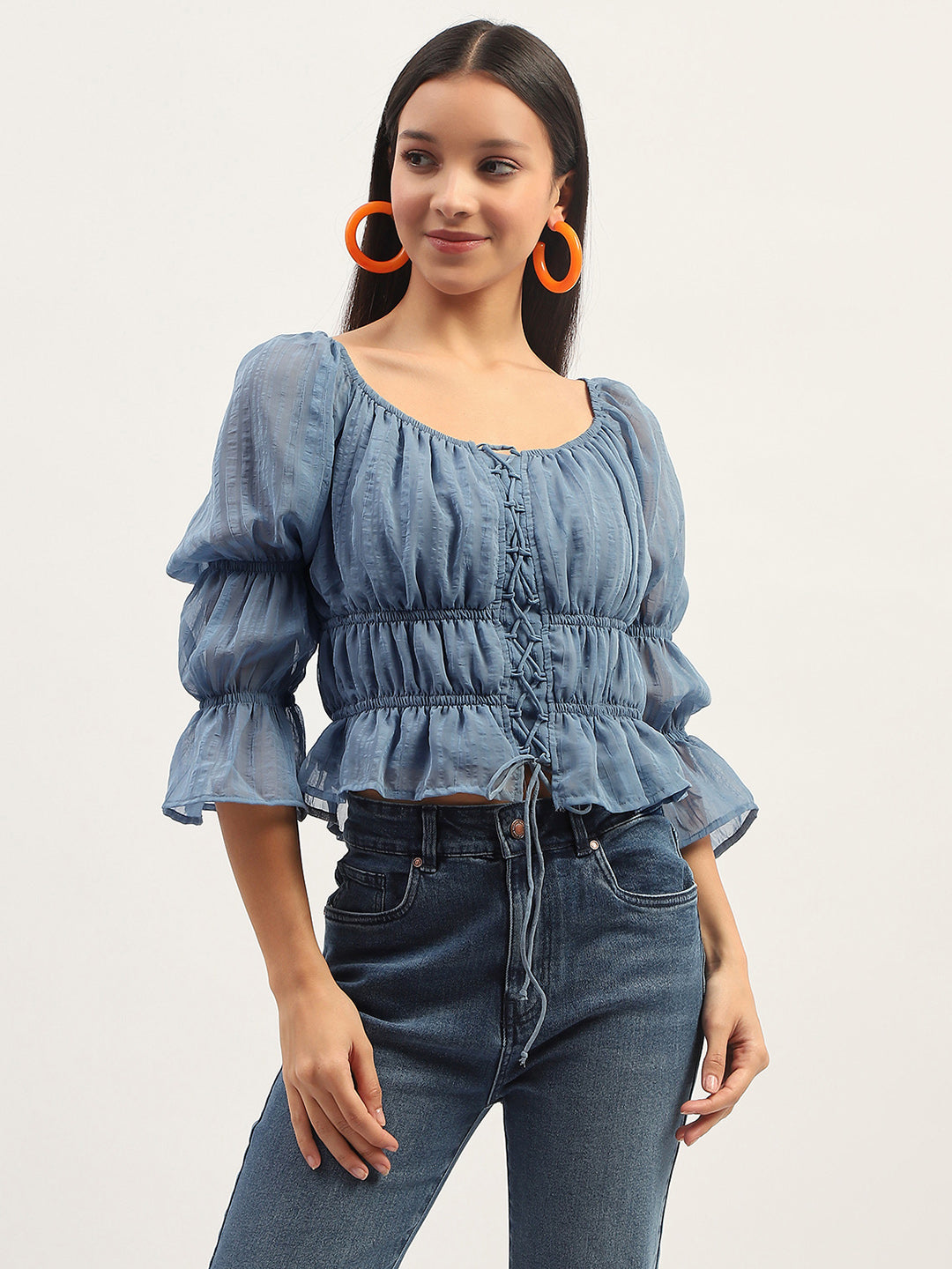 Madame Ruched Detailing Blue Peplum Top