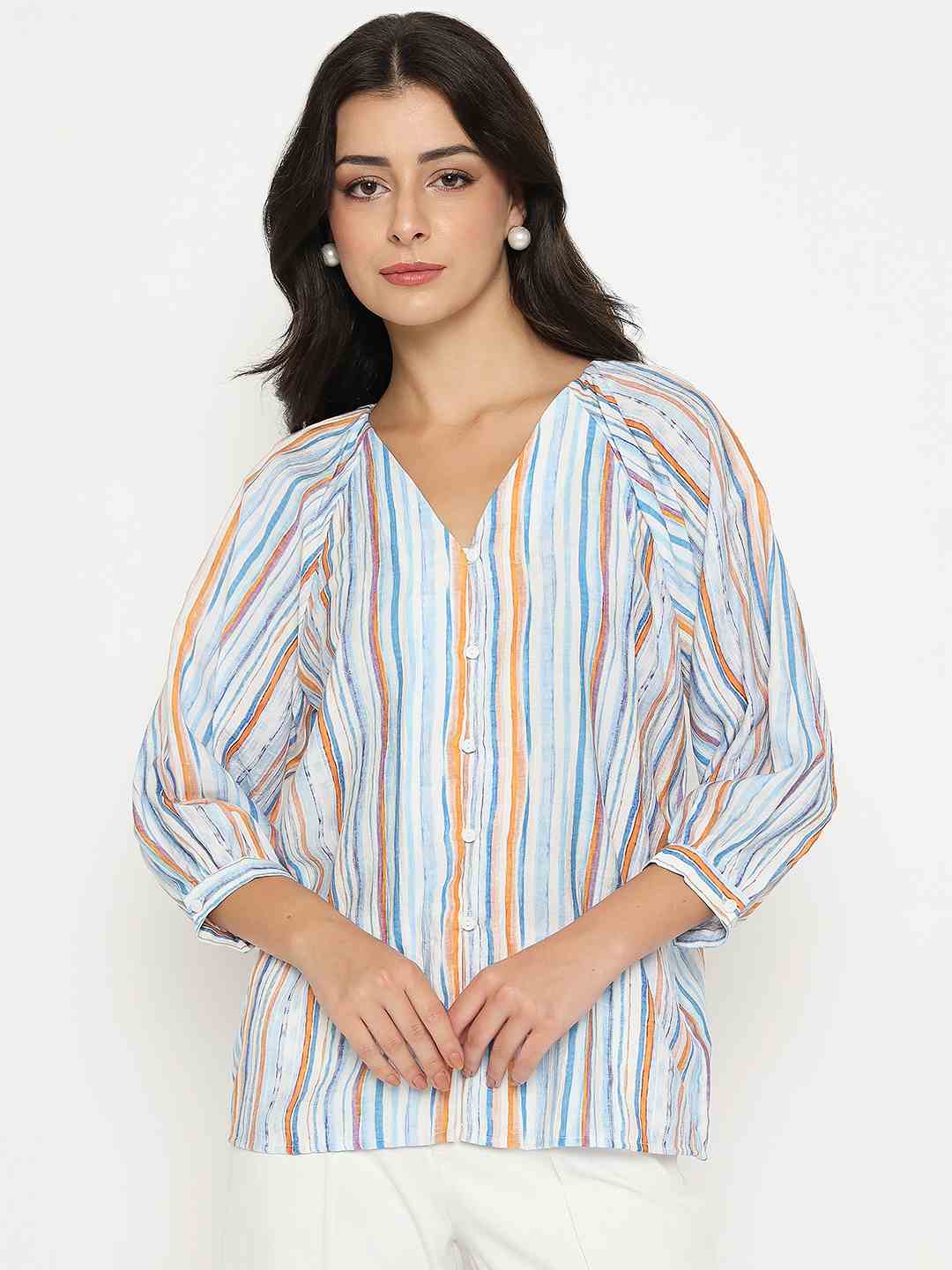 Madame Striped Rayon Blend Blue Top