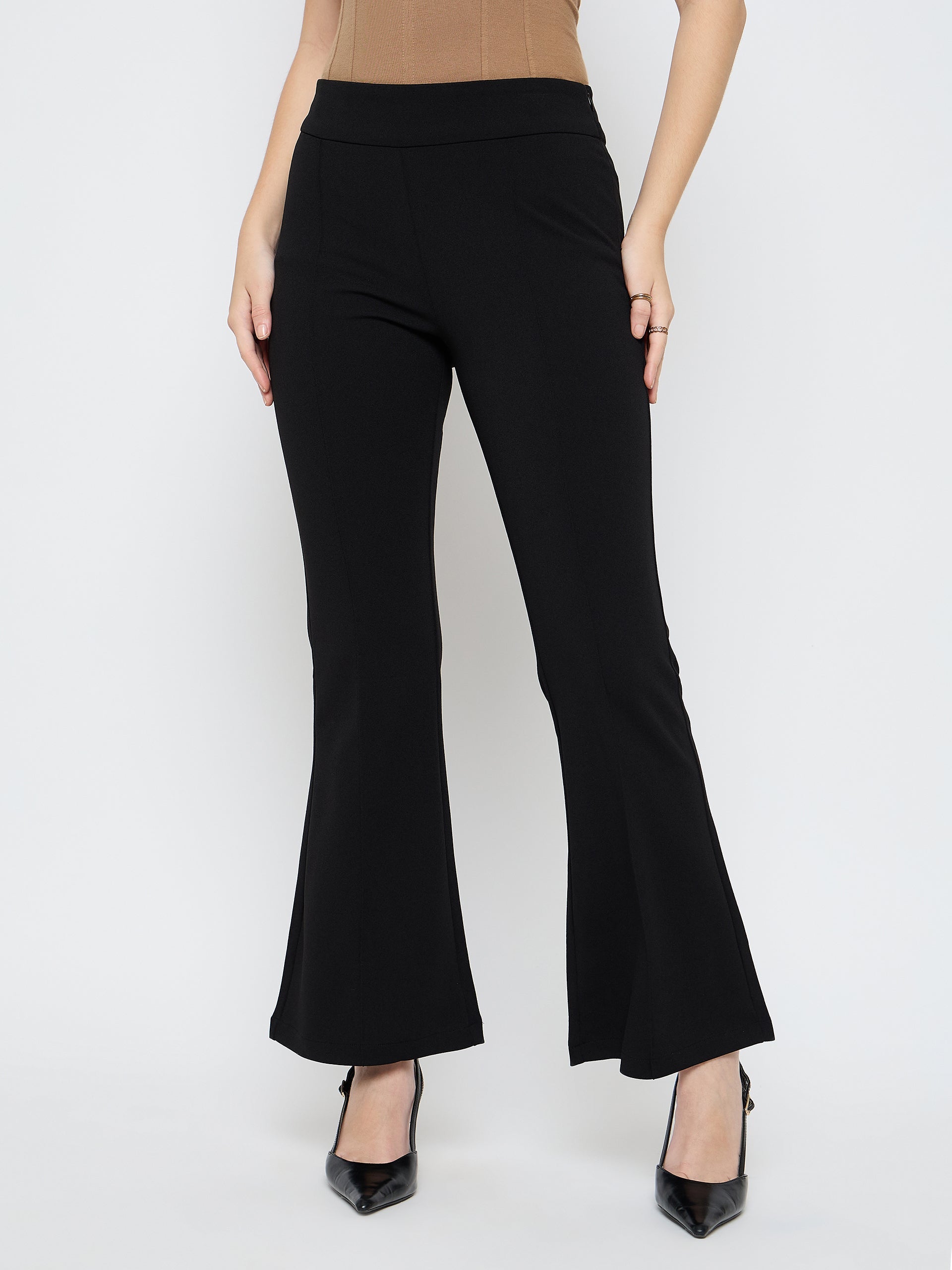 Madame Pleat Detailed Solid Black Flared Trousers